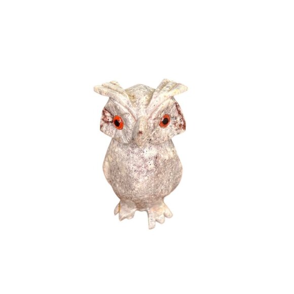 Miniature Carved Owl Stone Figure Handcrafted Decoration 3” Orange Eyes - Picture 1 of 10